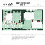 Cozy Winter's Night 12x12 Scrapbook Page Kit by Miss Kate Designs featuring two winter-themed layouts with plaid, polka dots, pine trees, cabins, and die-cut embellishments. Perfect for winter crafts, scrapbooking, and preserving cozy seasonal memories.