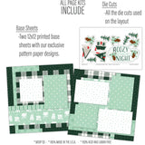 Contents of the Cozy Winter's Night 12x12 Scrapbook Page Kit, featuring two printed base sheets with winter patterns and a die-cut sheet of pinecones, trees, cabins, and a cozy title. Perfect for winter-themed scrapbooking and crafting projects