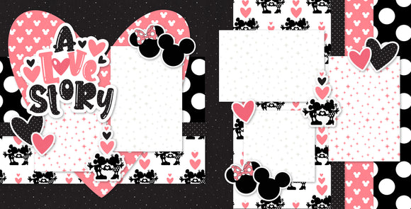 A Love Story 12x12 scrapbook kit featuring pink hearts, Mickey Mouse accents, and a playful design perfect for couples. crafting kit scrapbook accessories paper decorations Mickey Mouse DIY photo keepsakes handmade gifts
