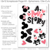 Celebrate love with this A Love Story 12x12 kit, featuring hearts, bows, and Mickey Mouse elements for a fun scrapbook page. crafting kit scrapbook accessories paper decorations Mickey Mouse DIY photo keepsakes handmade gifts
