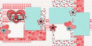 Be Mine scrapbook kit featuring two 12x12 layouts with vibrant pink and red heart patterns, flowers, cherries, polka dots, and cheerful photo mat designs. Perfect for crafting romantic memory pages.
