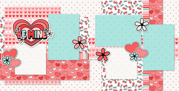 Be Mine scrapbook kit featuring two 12x12 layouts with vibrant pink and red heart patterns, flowers, cherries, polka dots, and cheerful photo mat designs. Perfect for crafting romantic memory pages.
