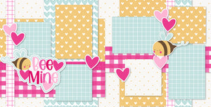 Bee Mine 12x12 scrapbook kit features pastel-colored layouts with pink hearts, golden accents, and a cheerful bee theme, perfect for crafting love-filled memories. scrapbook supplies crafting kit memory album decorative elements paper accents
