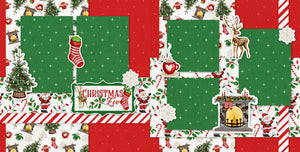 Christmas Eve 12x12 Scrapbook Page Kit by Miss Kate Designs layouts with festive designs, including Santa, stockings, Christmas tree, fireplace, reindeer, and snowflakes. Perfect for preserving holiday memories in a vibrant and festive style.