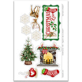 Christmas Eve scrapbook ephemera die cuts by Miss Kate Designs featuring a festive fireplace, Christmas tree, stockings, reindeer, snowflakes, hot cocoa, Christmas Eve title. Perfect for embellishing 12x12 holiday scrapbook layouts crafting projects.