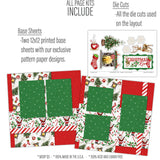 Christmas Eve 12x12 Scrapbook Page Kit by Miss Kate Designs, featuring two festive base sheets with Santa, holly, and stripes, die-cut sheet with a fireplace, Christmas tree, stockings, reindeer, and more. Perfect for holiday scrapbooking and crafts.