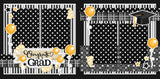 Graduation scrapbook kit with black, white, and gold colors, featuring cap and diploma die-cuts, gold balloons, and decorative elements for celebrating high school and college graduations. Includes polka dot backgrounds, layered plaid patterns, and title banner. Ideal for DIY memory books, High School Graduation, College Graduation.