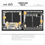 Congrats Grad scrapbook page kit with 12x12 layouts, featuring black, white, and gold-themed designs. Includes die cuts of a grad cap, diploma, balloons, and stars. Perfect for commemorating high school or college graduation ceremonies, parties, and achievements in memory books.

