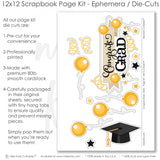 Graduation-themed scrapbook kit with patterned paper, die-cut embellishments, and customizable designs for preserving milestone memories. Includes Congrats Grad title, gold and black balloons, diploma, graduation cap, and decorative backgrounds. A perfect DIY project for documenting success.

