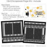 12x12 scrapbook page kit for grads, featuring black and white polka dots, striped and plaid backgrounds, and gold celebratory accents. Includes themed die cuts such as a graduation cap, diploma, Congrats Grad title, and balloons. Ideal for high school and college graduation keepsakes.

