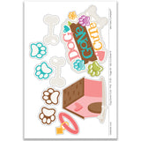 Scrapbook ephemera die-cut sheet for Dog Gone Cute Pink kit featuring colorful elements including paw prints, bones, a pink doghouse, a collar, and a vibrant "Dog Gone Cute" title, perfect for pet-themed scrapbook layouts and memory album crafts.