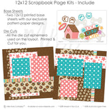 12x12 scrapbook page kit includes two printed base sheets with paw print and polka dot patterns, a die-cut sheet featuring paw prints, bones, a doghouse, and Dog Gone Cute title perfect for creating dog-themed scrapbook layouts and pet memory albums.