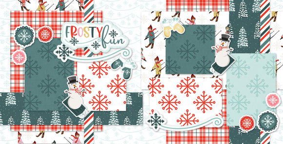 Frosty Fun 12x12 Scrapbook Page Layout featuring winter designs by Miss Kate Designs. Includes snowflakes, plaid patterns, skaters, snowman die-cuts, and mittens. Perfect creating cozy seasonal and holiday scrapbook pages with pre-designed layouts.