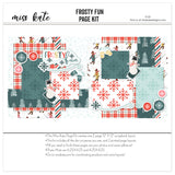 Frosty Fun 12x12 Scrapbook Page Kit by Miss Kate Designs featuring winter-themed layouts, snowflakes, plaid patterns, skaters, snowman die-cuts. Includes photo mats and pre-cut embellishments creating two DIY scrapbook pages. Seasonal holiday crafts.