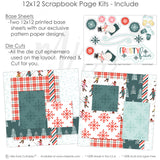 Frosty Fun 12x12 Scrapbook Page Kit includes two printed base sheets with winter-themed patterns and pre-cut die-cut ephemera featuring snowflakes, mittens, and snowman designs. Creating seasonal scrapbook layouts DIY holiday crafts. Made in the USA.