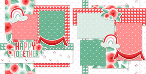 Happy Together 12x12 scrapbook page layout featuring romantic designs polka dots, heart patterns, florals, rainbows, and banners. Perfect creating family, friendship, wedding-themed scrapbook pages pre-designed layouts coordinating embellishments.