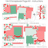 Happy Together 12x12 scrapbook page kit instructions showing step-by-step assembly with floral patterns, hearts, and polka dots. Add photos, apply pre-cut die-cut ephemera rainbows banners, create romantic layouts family or love-themed projects.