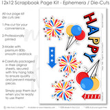 DIY scrapbook page kit for Disney trips and celebrations. Includes fireworks, balloons, bright paper patterns, die cuts, and pre-designed layouts for easy memory keeping.

