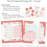 Premium scrapbook page kit for memory preservation. Features soft pink and coral floral patterns, plaid designs, and decorative die cuts. Ideal for DIY albums, baby scrapbooks, and journaling layouts.

