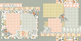 Spring scrapbook page kit featuring pastel plaid backgrounds, floral die-cuts, decorative layering for memory keeping. Ideal for Easter, spring themes, DIY photo albums, seasonal crafts, handmade scrapbooks, and creative journaling.
