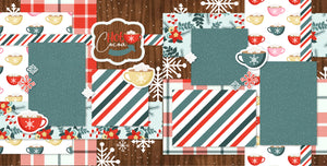 Hot Cocoa 12x12 scrapbook page layout featuring warm wood textures, candy cane stripes, festive holly, snowflakes, cocoa mug designs. Perfect creating cozy winter-themed scrapbook pages pre-designed layouts and embellishments DIY seasonal crafting.