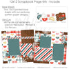 Hot Cocoa 12x12 scrapbook page kit includes two printed base sheets with festive designs like cocoa mugs, candy cane stripes, holly, pre-cut die-cut ephemera featuring snowflakes, marshmallows, Hot Cocoa sign. Perfect cozy winter DIY scrapbooking.