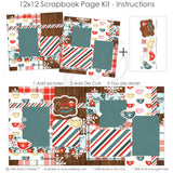 Hot Cocoa 12x12 scrapbook page kit instructions showing step-by-step process create cozy layouts. Add photos, apply pre-cut die-cut ephemera like cocoa mugs snowflakes, complete festive designs base sheets holiday patterns. winter crafts.