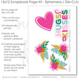 Valentine’s Day scrapbook kit featuring pink hearts, floral designs, layered backgrounds, decorative embellishments, die-cut ephemera, and paper accents. Ideal for crafting personalized scrapbook albums and handmade memory pages.

