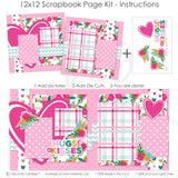 Hugs & Kisses scrapbook kit with pink hearts, floral accents, decorative layering, die-cut ephemera, background patterns, and heart embellishments. Perfect for crafting Valentine's Day scrapbooks, handmade albums, and personalized memory books.

