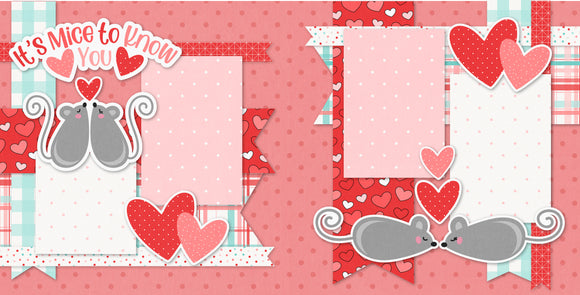 A delightful 12x12 scrapbook page kit with charming gray mice, vibrant red and pink hearts, plaid accents, and pre-cut cardstock, perfect for capturing love-filled memories and Valentine's Day moments. Ideal for memory keeping.
