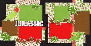 Jurassic-themed 12x12 scrapbook page kit featuring dinosaur footprints, tropical leaves, and roaring dinosaurs. Includes bold colors, prehistoric prints, and adventure embellishments.

