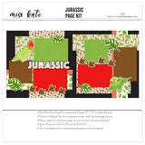 Dinosaur scrapbook page kit with bold red, green, and brown tones. Features Jurassic-inspired die cuts, dino footprints, and tropical leaves for adventure-themed scrapbooking.

