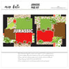 Dinosaur scrapbook page kit with bold red, green, and brown tones. Features Jurassic-inspired die cuts, dino footprints, and tropical leaves for adventure-themed scrapbooking.

