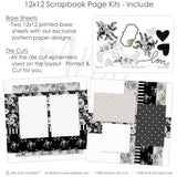 Love scrapbook page kit with classic floral patterns, layered textures, decorative die-cuts, monochrome backgrounds, and sophisticated embellishments. Perfect for engagement albums, memory preservation, and scrapbooking special occasions with.
