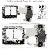 Elegant scrapbook kit featuring black-and-white floral themes, decorative embellishments, sophisticated accents, premium pre-cut elements, and stylish textures. Create personalized keepsakes, wedding scrapbooks, and anniversary photo albums with this.
