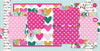 Love Hugs Kiss scrapbook page kit with pink and teal heart backgrounds, floral embellishments, and playful die-cuts, perfect for Valentine’s or friendship albums. Includes pre-cut cardstock for quick assembly and easy crafting.