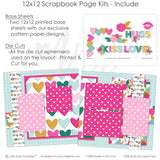 Valentine’s scrapbook kit with pink, teal, and gold hearts, floral clusters, and decorative banners. Includes die-cuts, stickers, and embellishments for easy creative memory keeping and crafting projects.