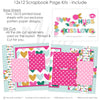 Valentine’s scrapbook kit with pink, teal, and gold hearts, floral clusters, and decorative banners. Includes die-cuts, stickers, and embellishments for easy creative memory keeping and crafting projects.