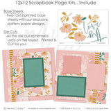 Elegant 12x12 scrapbook page kit with floral and striped designs in pink, mustard, and green hues. Includes coordinating die cuts, cardstock mats, and decorative paper accents for creating unique memory pages. Great for baby albums, birthdays, or anniversaries.

