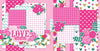 My Love scrapbook kit showcasing two 12x12 layouts with pink roses, hearts, floral grid patterns, and embellishments. Perfect for romantic scrapbooking or memory crafting projects. Perfect for creative scrapbook lovers. Perfect for creative scrapbook.