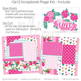 Instruction sheet from My Love scrapbook kit detailing layout assembly with pink heart-themed base sheets, photo mats, and floral die-cuts for romantic crafting projects. Perfect for creative scrapbook lovers. Perfect for creative scrapbook lovers.