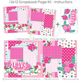 Overview of My Love scrapbook kit contents including 12x12 heart-patterned base sheets, floral pink accents, and die-cuts. Ideal for scrapbooking romantic memories. Perfect for creative scrapbook lovers. Perfect for creative scrapbook lovers.