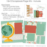 12x12 scrapbook page kit designed for travelers, featuring world map backgrounds, pre-cut elements, layering designs, and stylish accents. Ideal for capturing vacation moments, travel journaling, and creative DIY scrapbooking.
