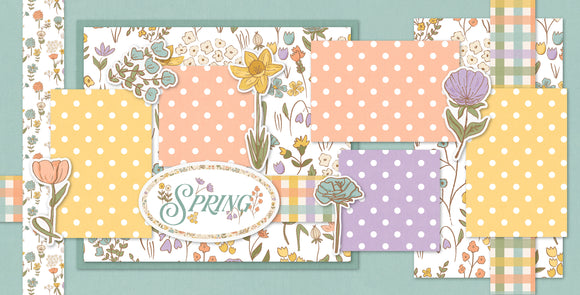 Spring-themed 12x12 scrapbook kit featuring pastel floral designs, polka dot patterns, and coordinating plaid accents. Includes decorative layering elements, elegant floral die-cuts, and pre-cut cardstock. Perfect for seasonal scrapbooks and crafting.
