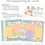 Easter and spring scrapbook kit with soft florals, vibrant polka dot patterns, and plaid accents. Includes decorative layering pieces, botanical-themed die-cuts, and pre-cut embellishments, perfect for seasonal scrapbooking, creative memory keeping, and DIY crafting.
