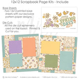 Spring Days scrapbook kit with floral accents, pastel color mats, and die-cut embellishments. Ideal for DIY albums, Easter layouts, and garden-themed scrapbooking. Capture special memories with high-quality 12x12 cardstock pages and decorative elements.
