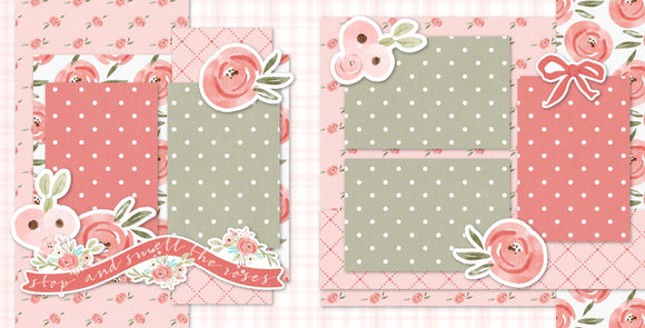 Floral 12x12 scrapbook page kit with pink, coral, and sage green designs. Features elegant roses, polka dots, and embellishments for personalized memory books. Ideal for spring, anniversaries, and DIY keepsakes.

