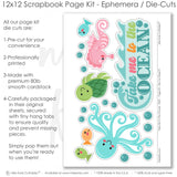 Underwater-themed 12x12 scrapbook page kit with tropical fish, colorful sea creatures, and ocean wave designs. Ideal for preserving beach vacation memories and ocean adventures.

