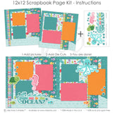 Beach-themed 12x12 scrapbook kit with playful sea life designs. Features fun die cuts, bright ocean colors, and tropical embellishments for summer memory keeping.

