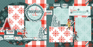 Tis the Season to Be Freezin 12x12 Scrapbook Page Kit by Miss Kate Designs featuring snowflake patterns, plaid backgrounds, winter-themed die-cuts like skiers, trees, and cabins, perfect for DIY winter crafts, holiday layouts, and seasonal scrapbooking projects.